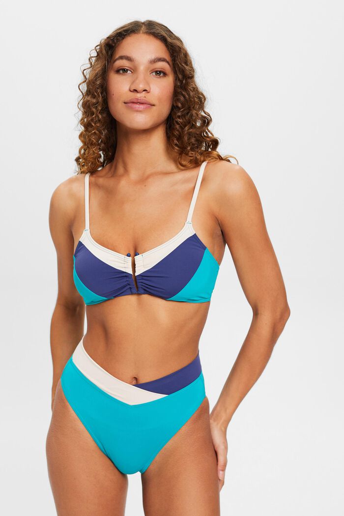 Top de bikini con relleno, barra en U y diseño de bloques de color, TEAL GREEN, detail image number 0