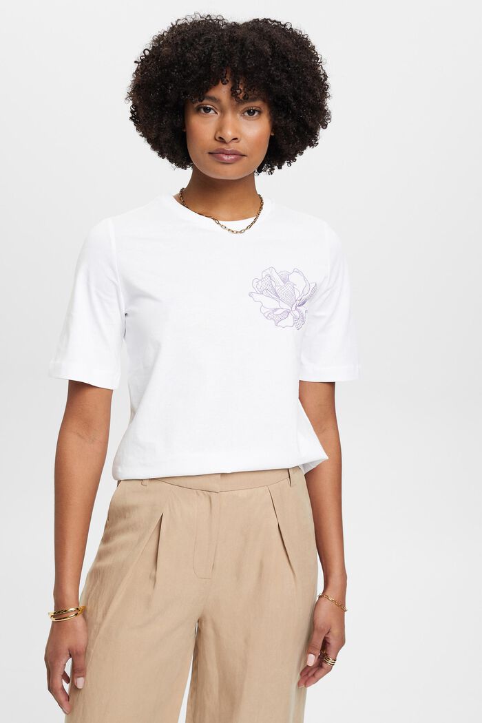 Camiseta de algodón con bordado de flor, OFF WHITE, detail image number 0