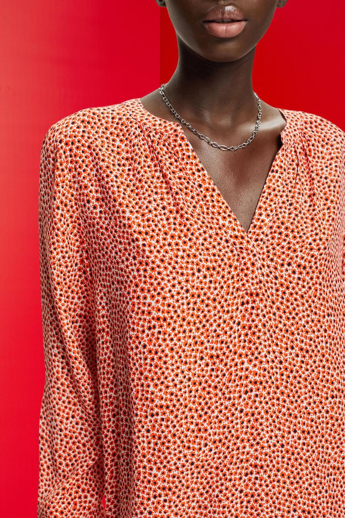Blusa con diseño floral y cuello en pico, ORANGE RED, detail image number 2