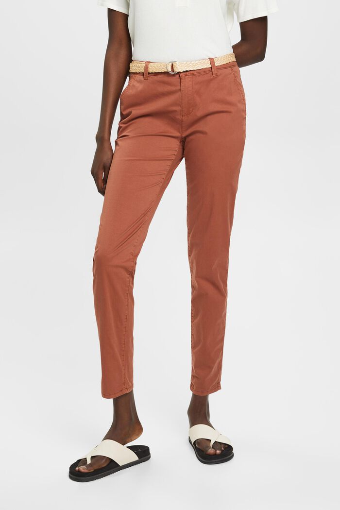 Pantalones chinos elásticos ligeros con cinturón, RUST BROWN, detail image number 0