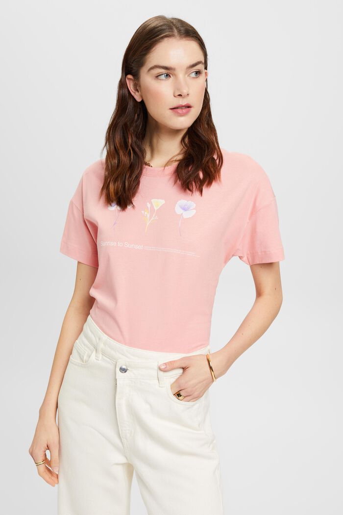 Camiseta con estampado floral en el pecho, PINK, detail image number 0