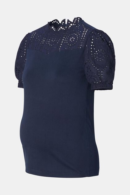 Camiseta de algodón con detalles de bordado calado, NIGHT SKY BLUE, overview