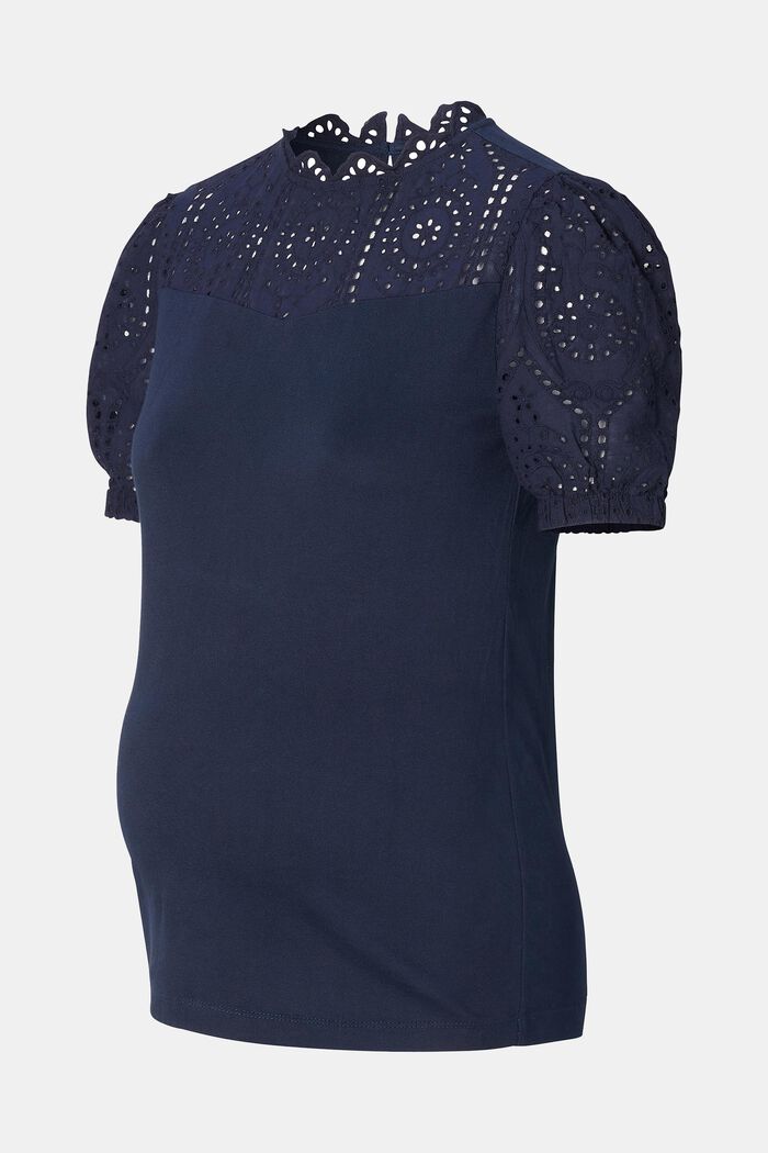 Camiseta de algodón con detalles de bordado calado, NIGHT SKY BLUE, detail image number 4