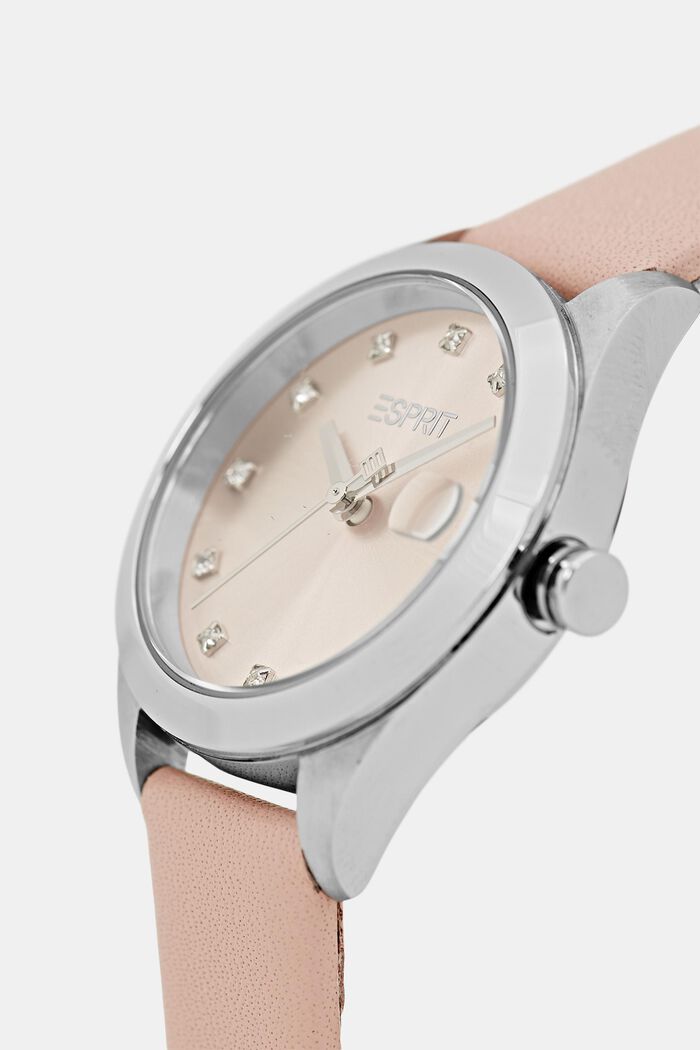 Reloj con pulsera de piel e indicador de fecha, PINK, detail image number 1