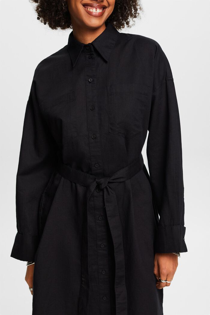 Vestido camisero de lino y algodón con cinturón, BLACK, detail image number 3