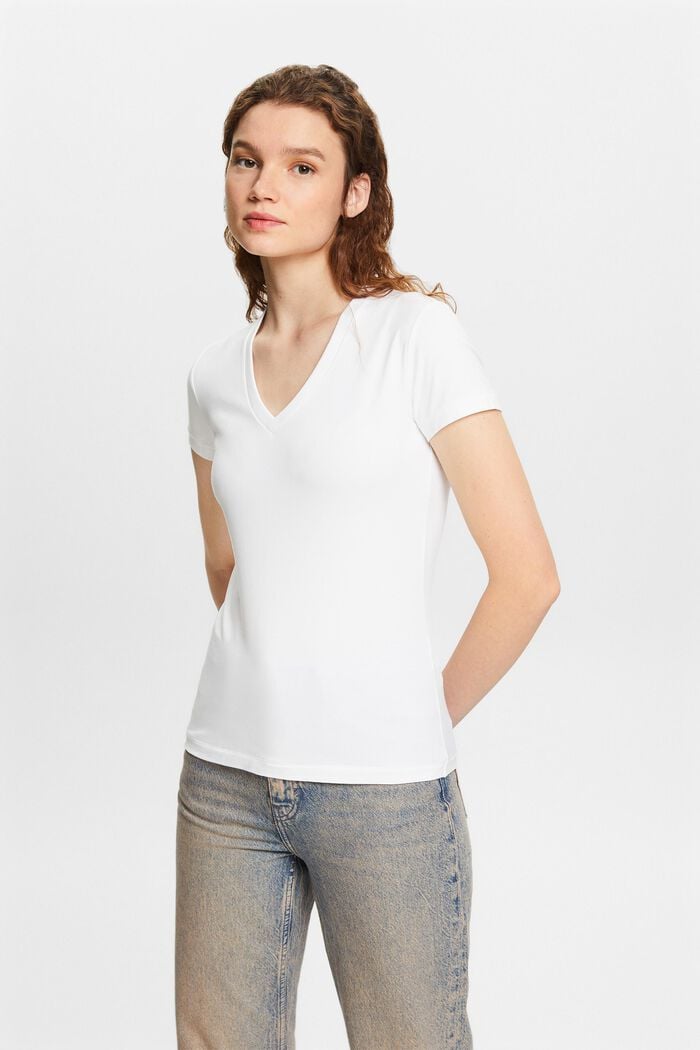 Camiseta de tejido jersey con cuello en pico, WHITE, detail image number 0