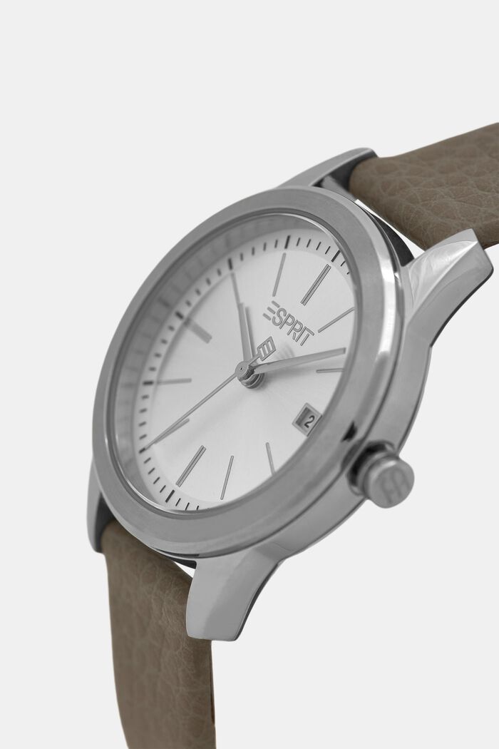 Reloj de acero inoxidable con pulsera de piel, GREY, detail image number 1