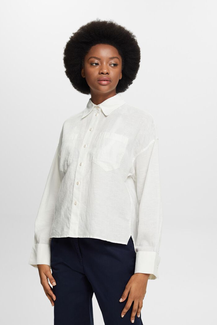 Blusa camisera de algodón y lino, OFF WHITE, detail image number 0