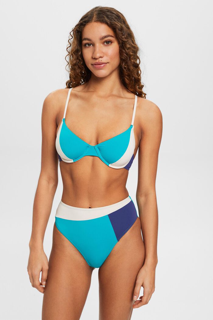 Top de bikini con aros y diseño de bloques de color, TEAL GREEN, detail image number 0