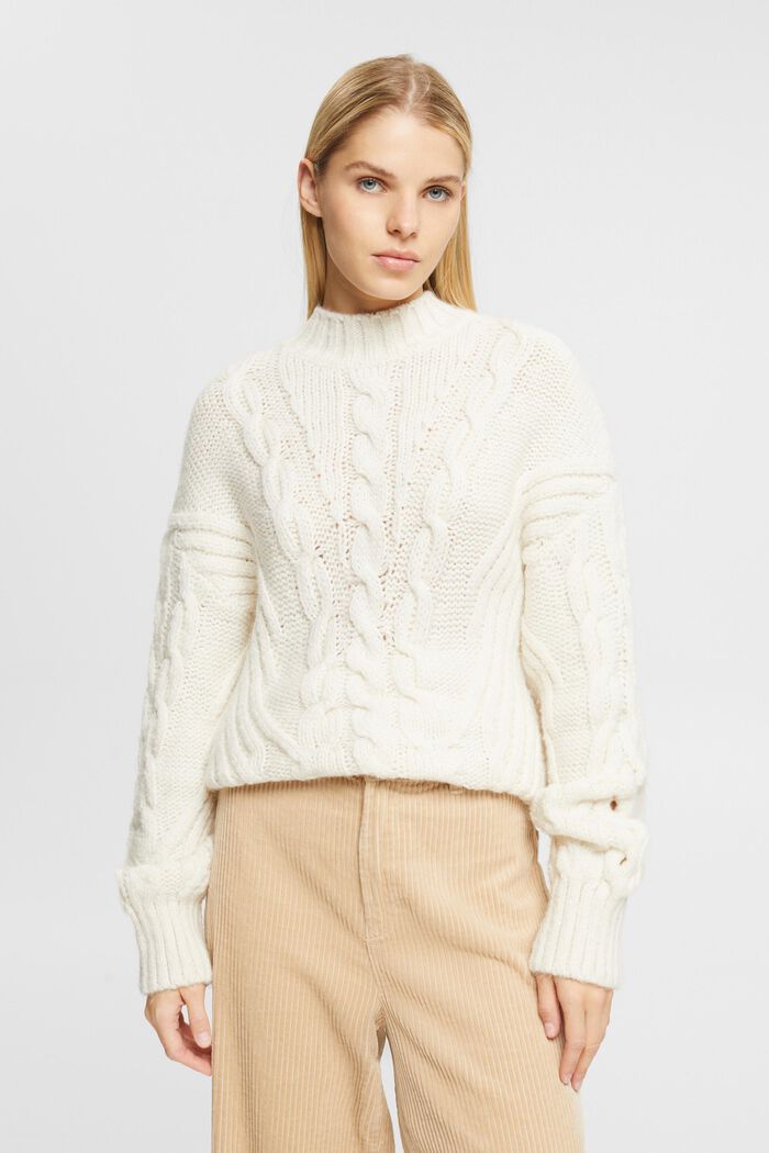 Con lana: jersey de punto trenzado, OFF WHITE, detail image number 0