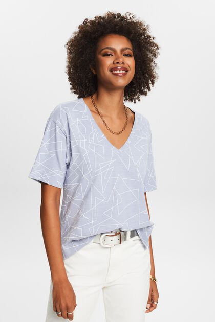 Camiseta de algodón estampada con cuello en pico