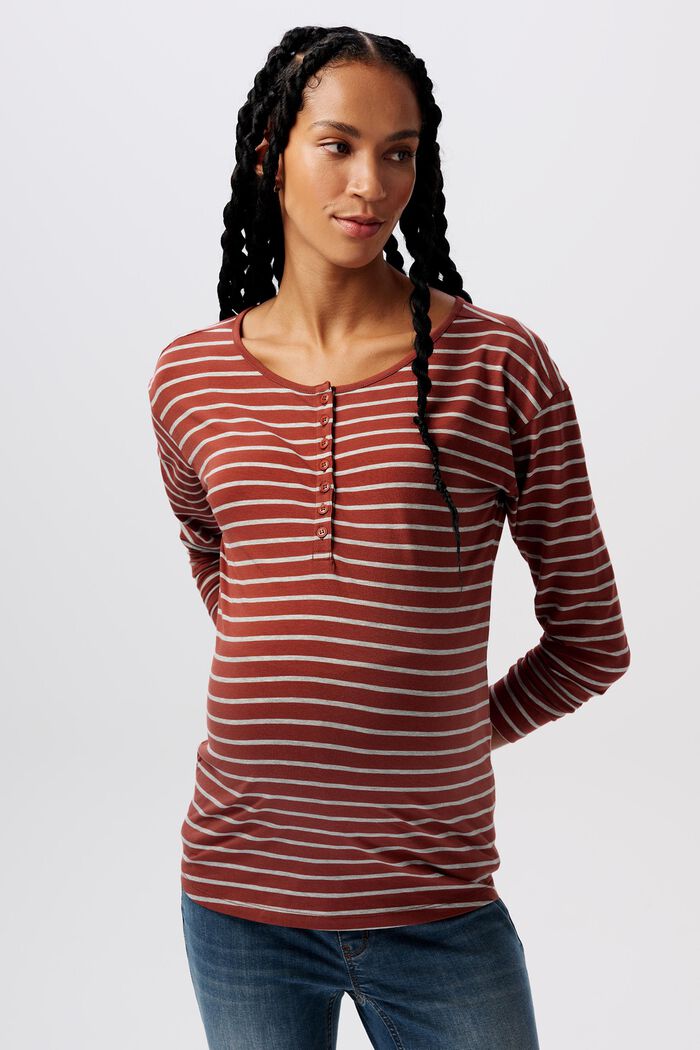 Camiseta de manga larga a rayas con cuello tunecino, BROWN, detail image number 0