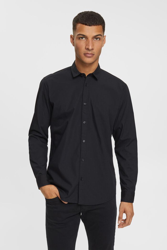 Camisa de algodón sostenible con corte ceñido, BLACK, overview