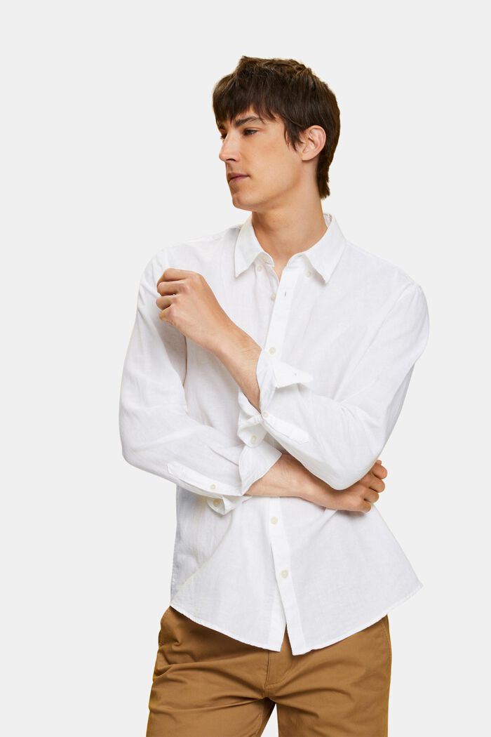 Camisa abotonada en mezcla de algodón y lino, WHITE, detail image number 4