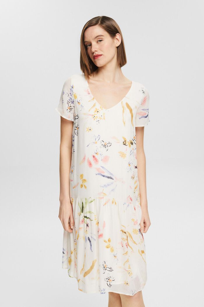 Vestido de gasa con estampado floral, LENZING™ ECOVERO™, OFF WHITE, detail image number 0