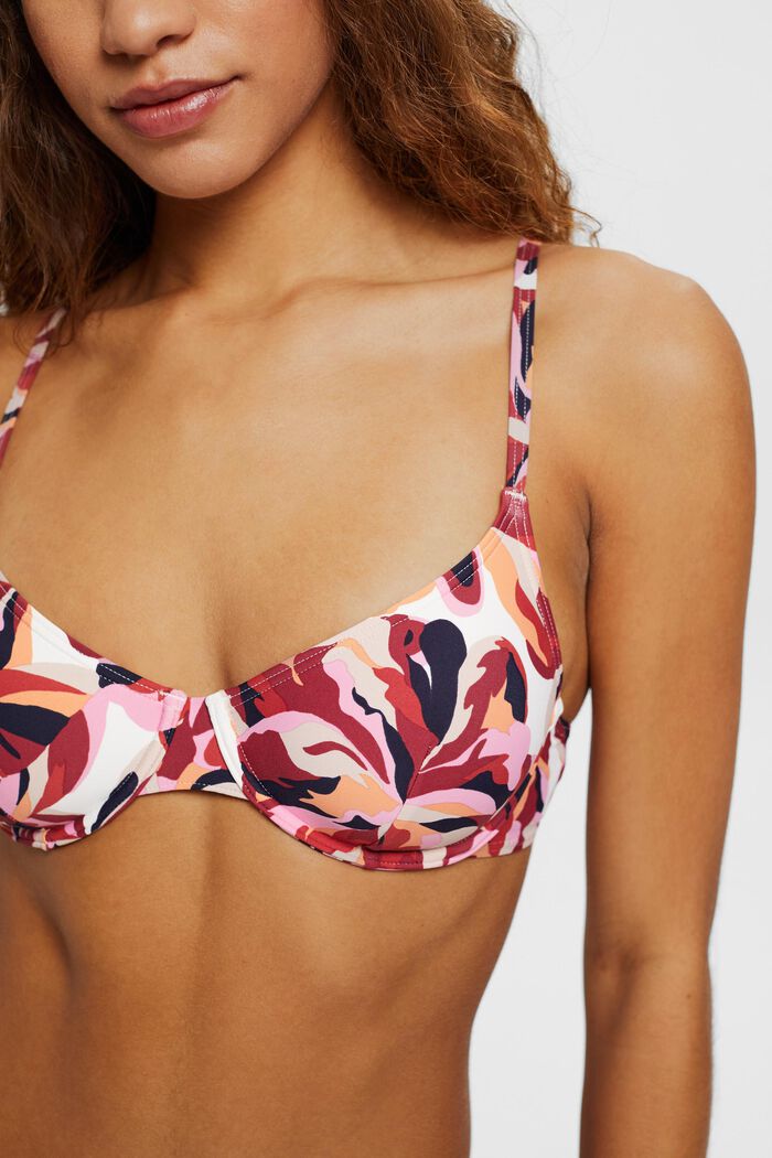 Top de bikini con estampado floral, DARK RED, detail image number 0
