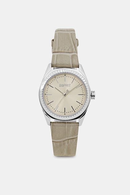 Reloj de acero inoxidable con pulsera de cuero con textura, GREY, overview