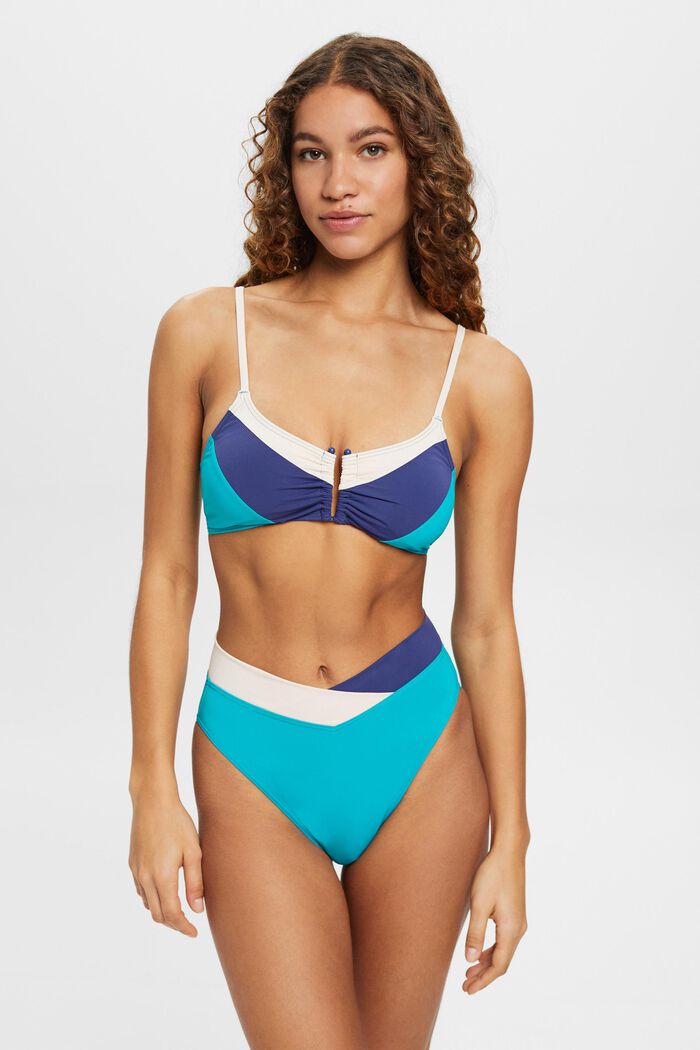 Braguita de bikini de tiro medio con diseño de bloques de color, TEAL GREEN, detail image number 0