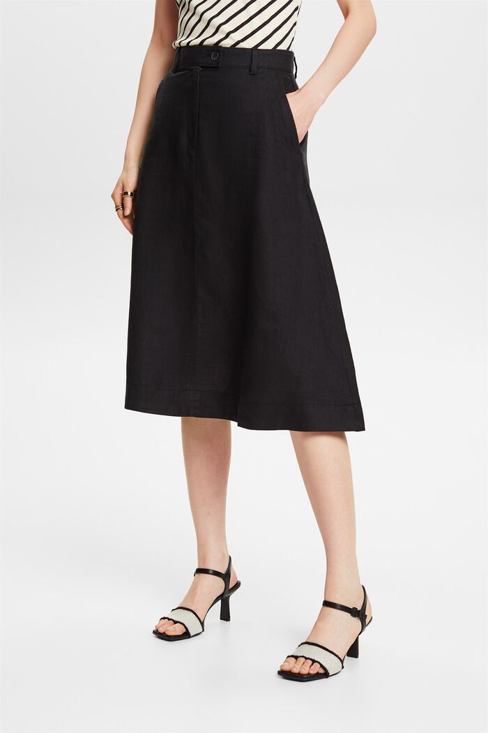 Falda midi de lino en línea A, BLACK, detail image number 0