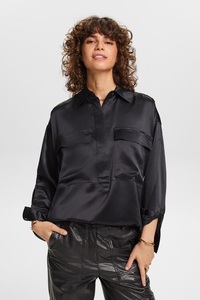 Blusa de satén de seda, BLACK, detail image number 0