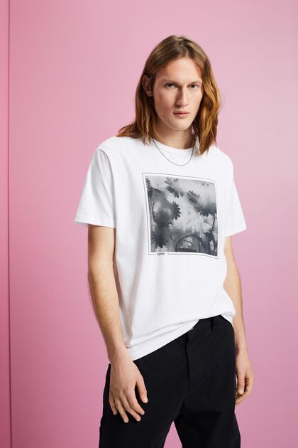 Camiseta de algodón sostenible con estampado en el pecho, WHITE, overview