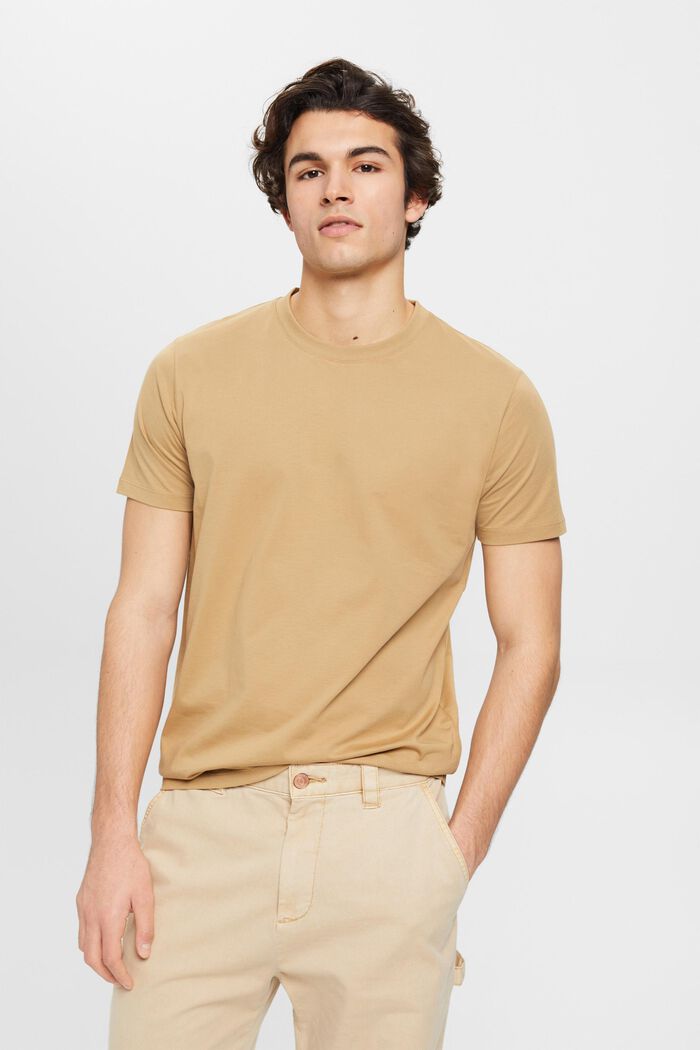 Camiseta de cuello redondo de algodón puro, BEIGE, detail image number 0