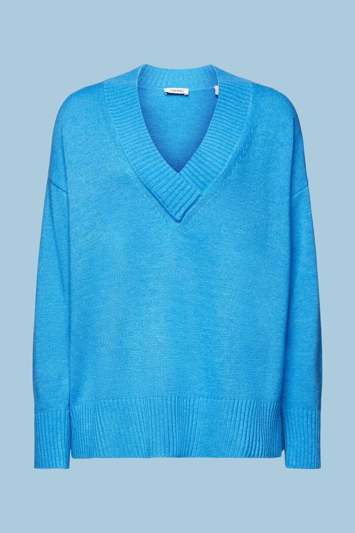Jersey con cuello en pico en mezcla de lana y cachemira, BLUE, detail image number 6