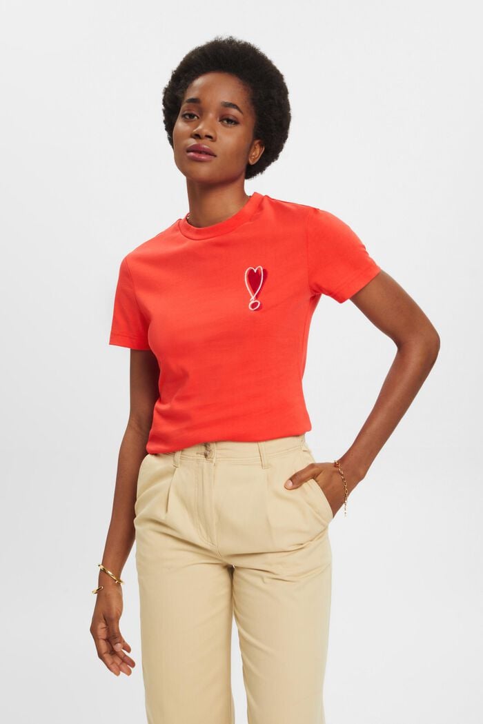 Camiseta de algodón con motivo de corazón bordado, ORANGE RED, detail image number 0