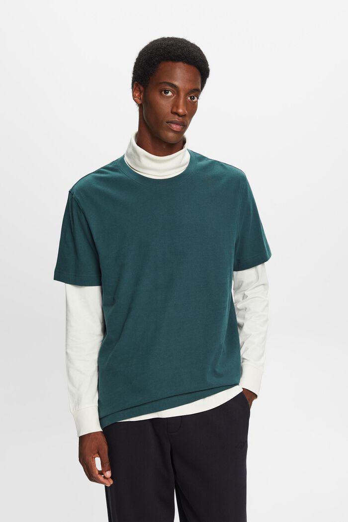 Camiseta de cuello redondo en tejido jersey de algodón, EMERALD GREEN, detail image number 0