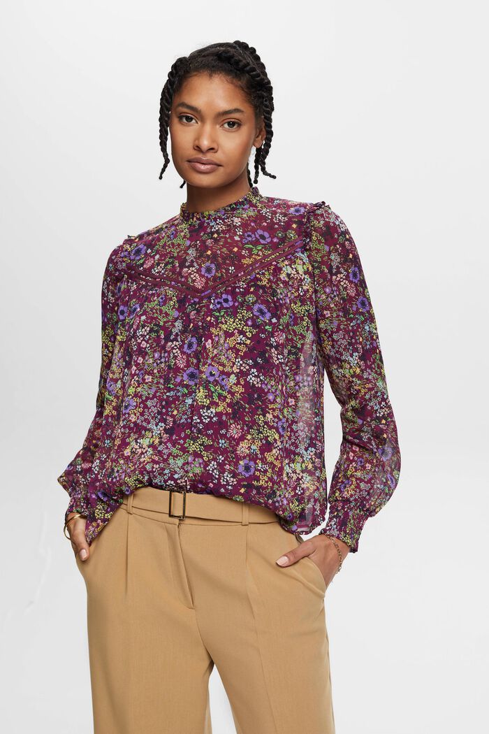 Blusa floral de gasa con fruncido, VIOLET, detail image number 0