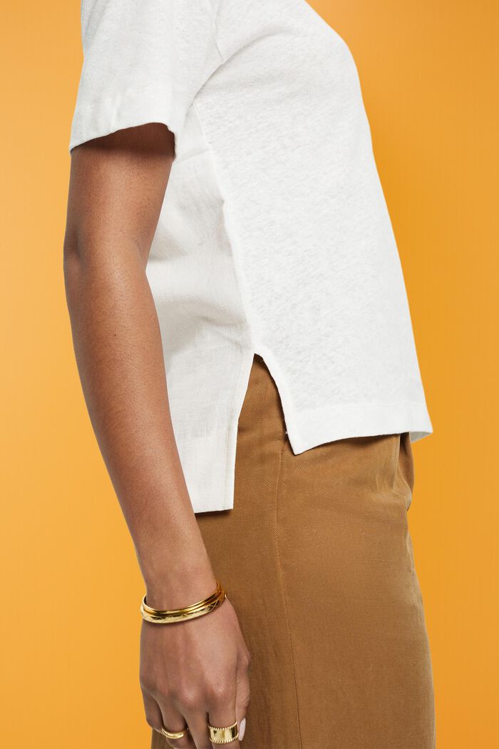 Camiseta de mezcla de lino con cuello en pico, OFF WHITE, detail image number 2