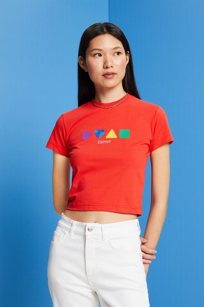 Camiseta de algodón ecológico con estampado geométrico, ORANGE RED, detail image number 0
