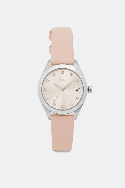 Reloj con pulsera de piel e indicador de fecha, PINK, overview
