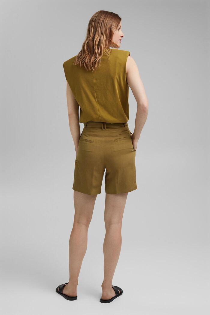 Con lino: shorts de cintura alta con cinturón, OLIVE, detail image number 3