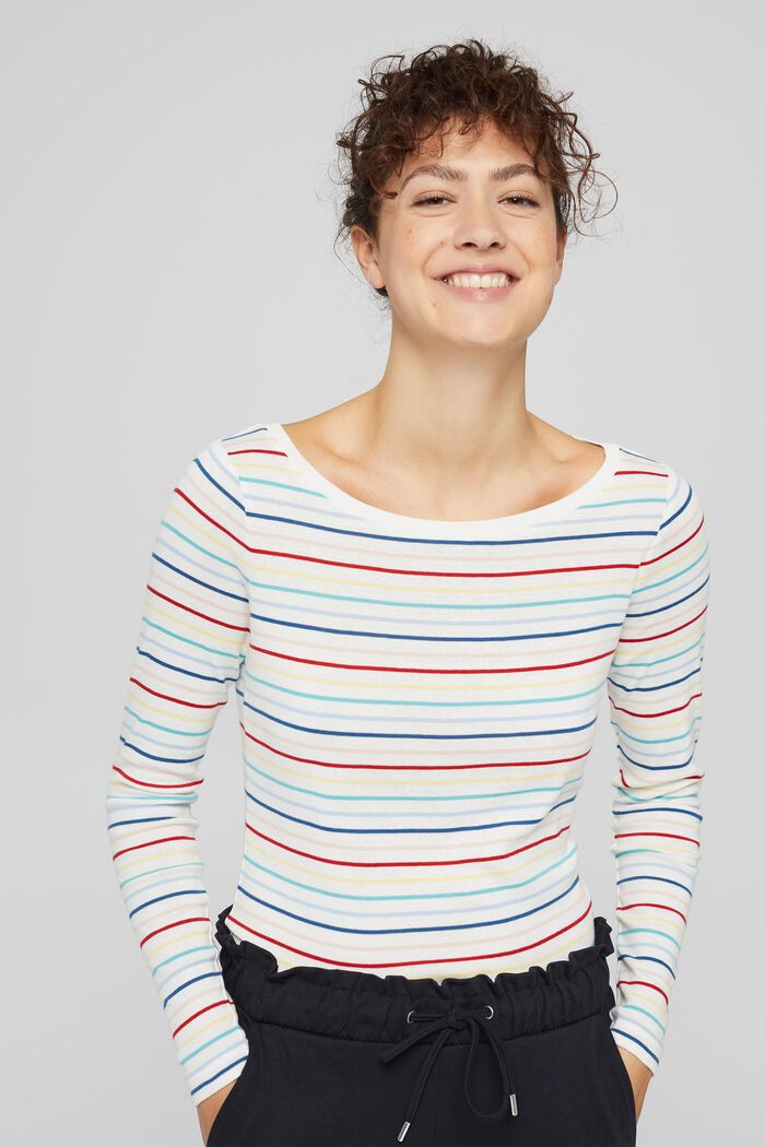 Camiseta de manga larga a rayas en algodón, OFF WHITE, detail image number 0