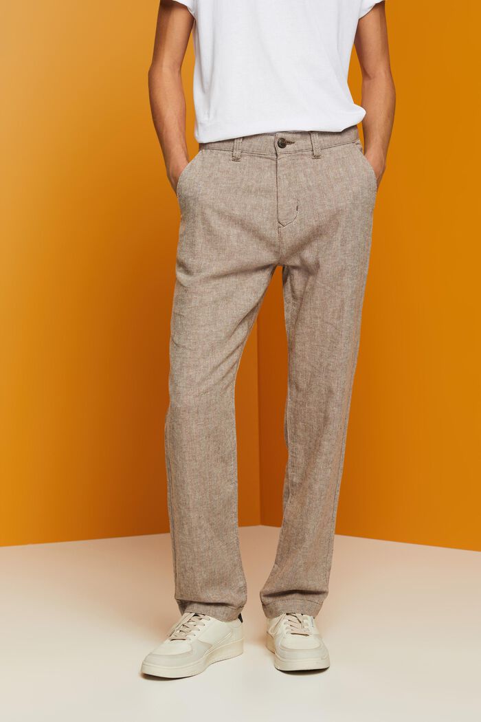 Pantalones en mezcla de algodón y lino con diseño de espiga, DARK BROWN, detail image number 0