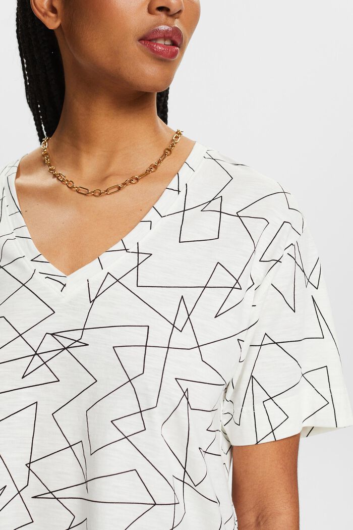 Camiseta de algodón estampada con cuello en pico, OFF WHITE, detail image number 3