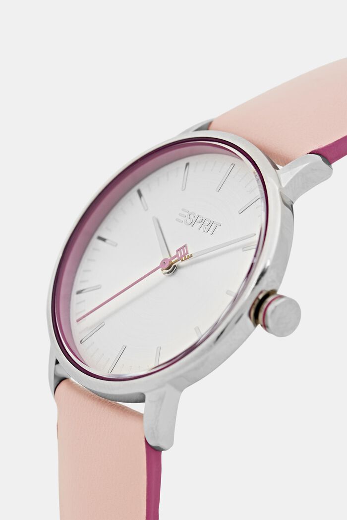 Reloj de acero inoxidable con pulsera de piel, PINK, detail image number 1