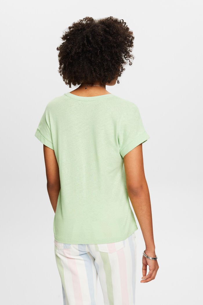 Camiseta de algodón y lino con el cuello pico, LIGHT GREEN, detail image number 3