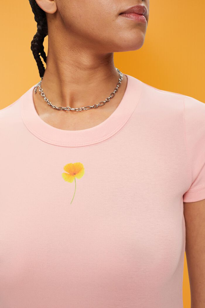Camiseta con estampado de flores en el pecho, PINK, detail image number 2