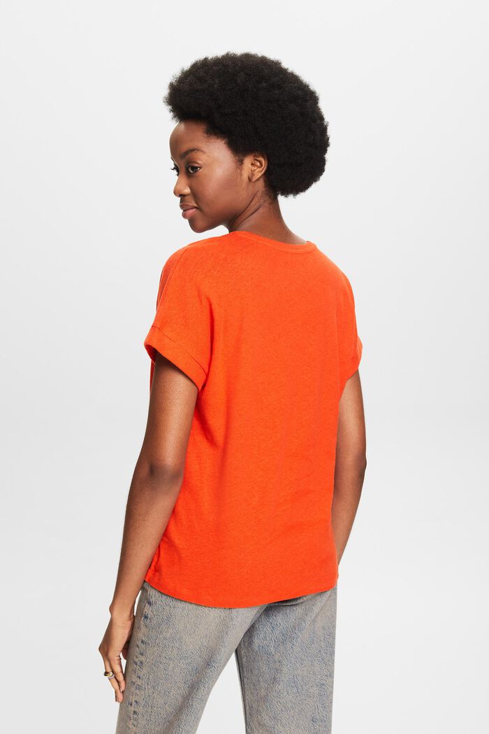 Camiseta de algodón y lino con el cuello pico, BRIGHT ORANGE, detail image number 2