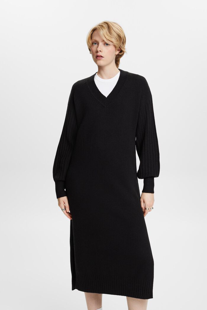 Vestido midi de punto con mezcla de lana, BLACK, detail image number 0