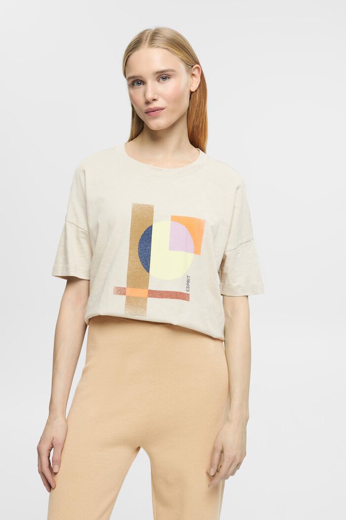 Camiseta de algodón con estampado geométrico, LIGHT TAUPE, detail image number 0