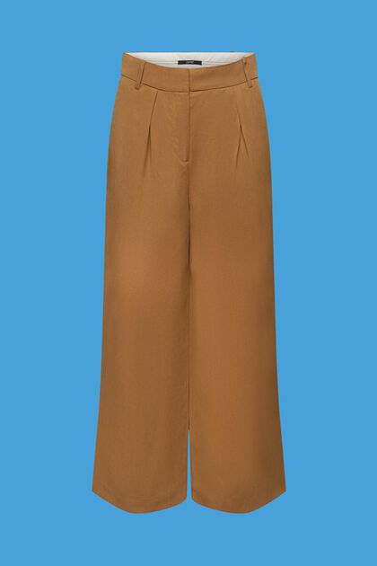 Pantalones con lino y diseño con tiro alto y perneras anchas de largo tobillero, PALE KHAKI, overview