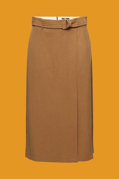 Falda midi en mezcla de lino con cinturón, PALE KHAKI, overview