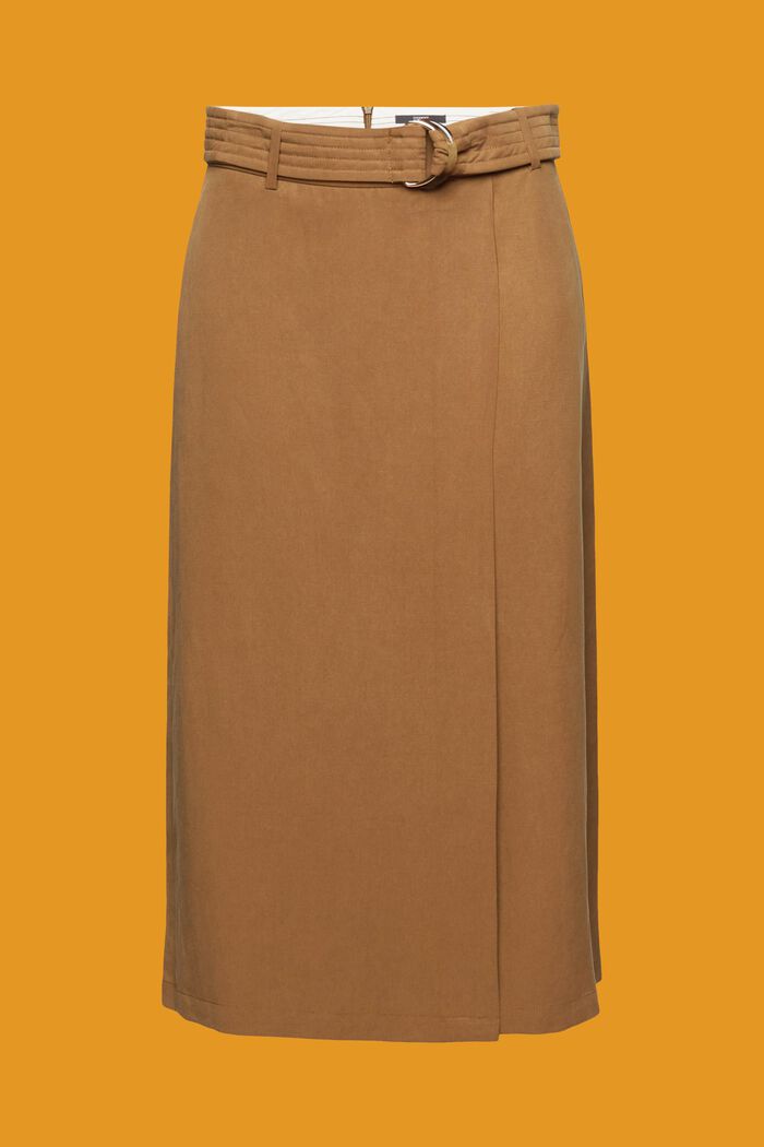 Falda midi en mezcla de lino con cinturón, PALE KHAKI, detail image number 7