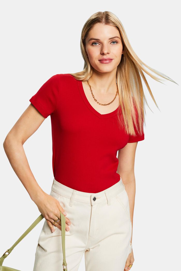 Camiseta de algodón con cuello en pico, DARK RED, detail image number 0