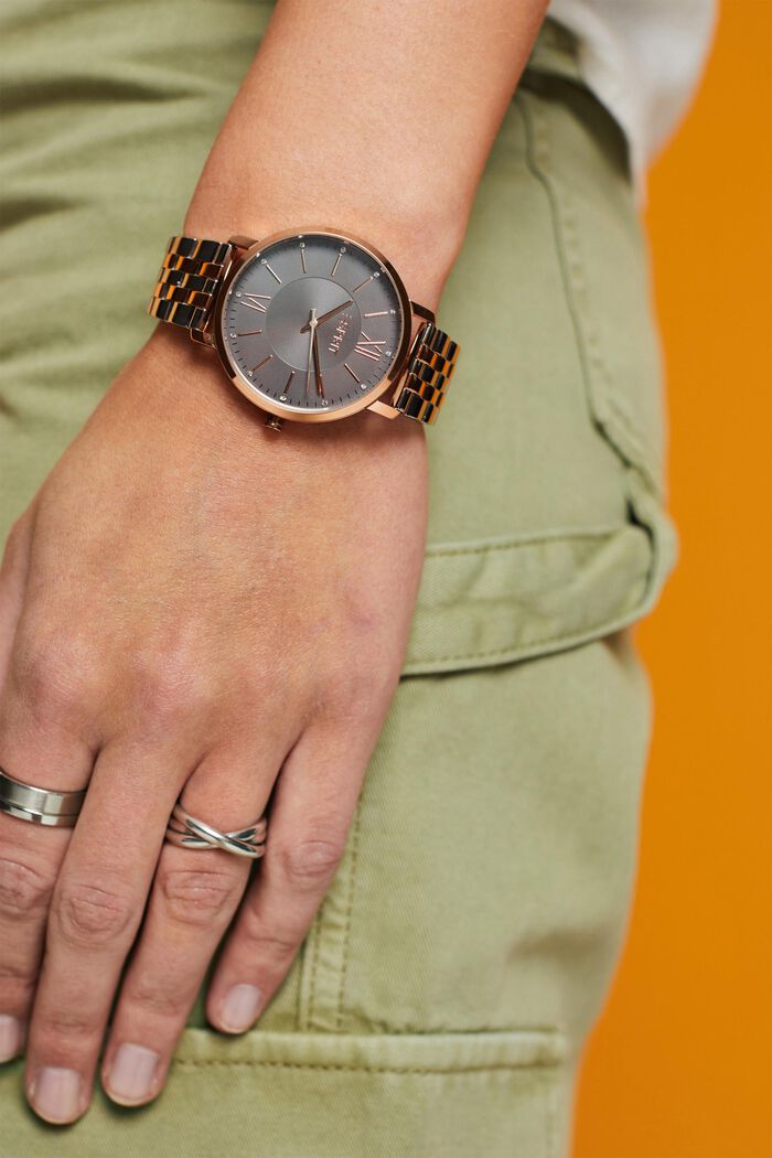 Reloj de acero inoxidable con pulsera de piel, ROSEGOLD, detail image number 2
