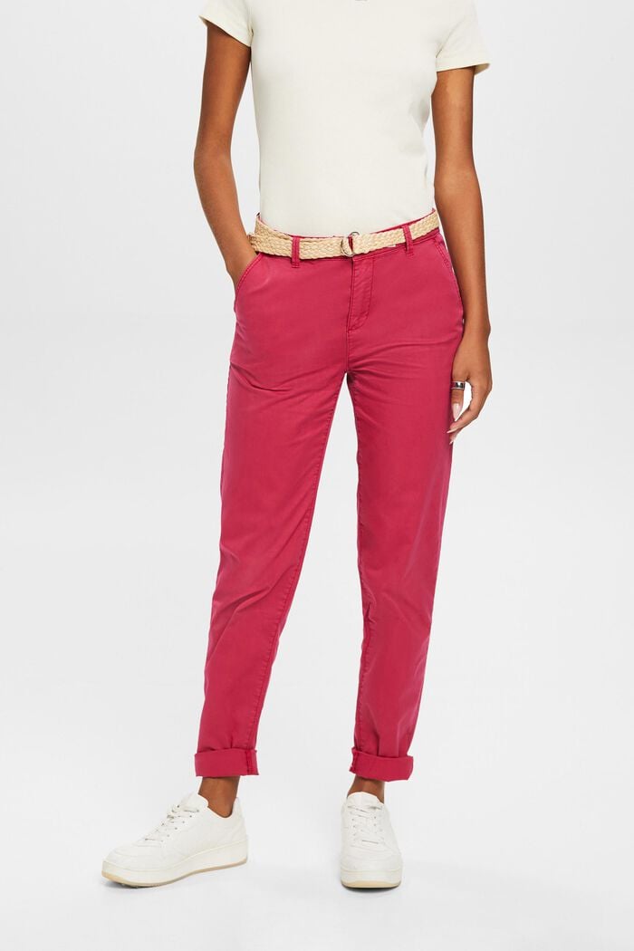 Pantalones chinos elásticos ligeros con cinturón, DARK PINK, detail image number 0
