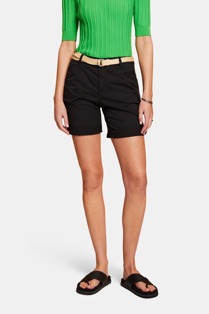 Pantalones cortos con cinturón trenzado de rafia extraíble, BLACK, detail image number 0